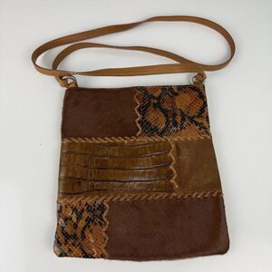Fossil Brown Leather Patchwork Crossbody Shoulder Bag Calf Hair Croc Fur Suede
